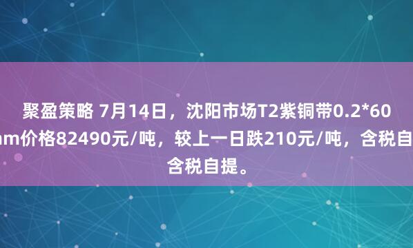 聚盈策略 7月14日，沈阳市场T2紫铜带0.2*600mm价格82490元/吨，较上一日跌210元/吨，含税自提。